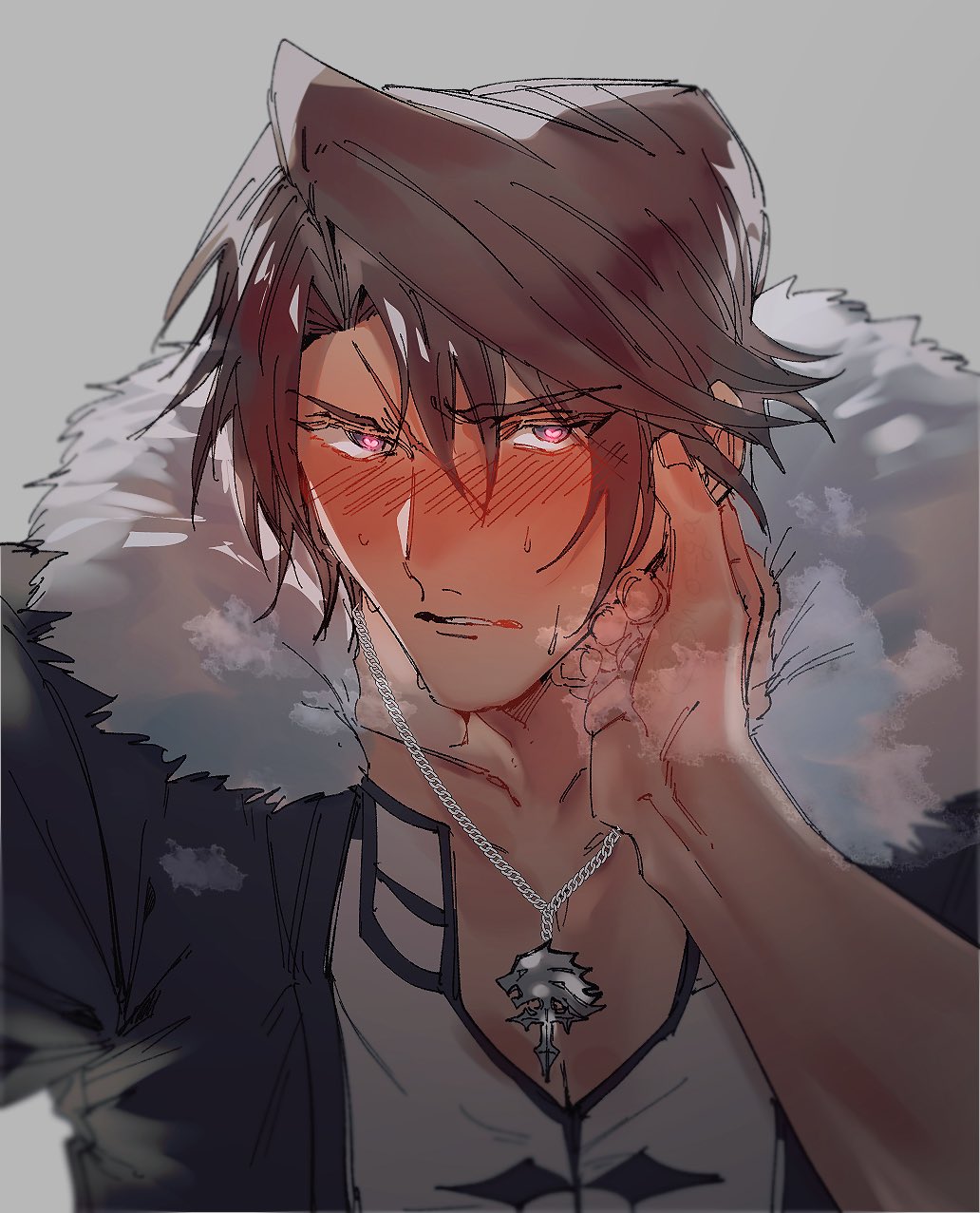 black_jacket blush brown_hair chain chain_necklace final_fantasy final_fantasy_viii fur-trimmed_jacket fur_trim grey_background hair_between_eyes hand_on_another&#039;s_cheek hand_on_another&#039;s_face heart heart-shaped_pupils highres jacket jewelry looking_at_viewer male_focus necklace parted_lips scar scar_on_face scar_on_forehead shio_ga shirt short_hair squall_leonhart sweat symbol-shaped_pupils upper_body white_fur white_shirt yaoi
