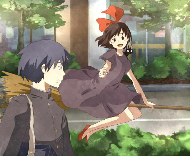10s 1980s_(style) 1boy 1girl black_cat black_dress bow broom brown_hair cat company_connection crossover delivery dress envelope flying gakuran hair_bow jiji_(majo_no_takkyuubin) karigurashi_no_arrietty kiki_(majo_no_takkyuubin) mail majo_no_takkyuubin retro_artstyle purple_hair retro_artstyle road school_uniform shou_(karigurashi_no_arrietty) street studio_ghibli yotora