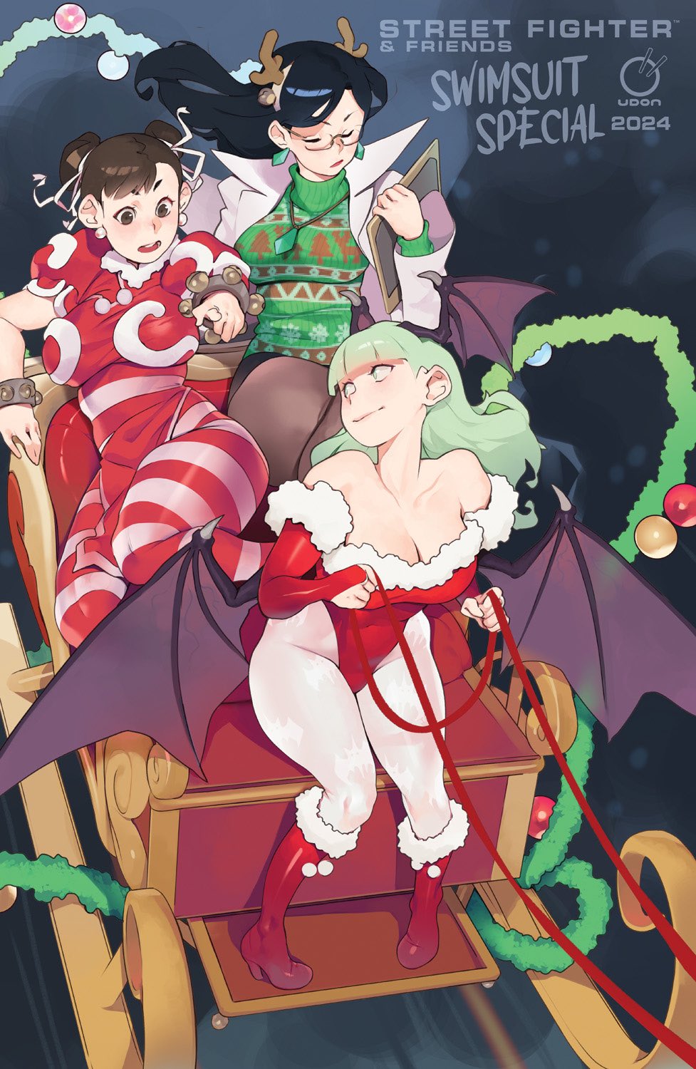 3girls animal_print artist_request bare_shoulders bat_print black_hair breasts bridal_gauntlets capcom christmas chun-li cleavage collarbone darkstalkers demon_girl demon_wings double_bun earrings green_eyes green_hair hair_bun head_wings high_heels highres jewelry justice_gakuen large_breasts leotard long_hair minazuki_kyouko morrigan_aensland multiple_girls necklace pantyhose red_footwear red_leotard santa_costume street_fighter tagme wings