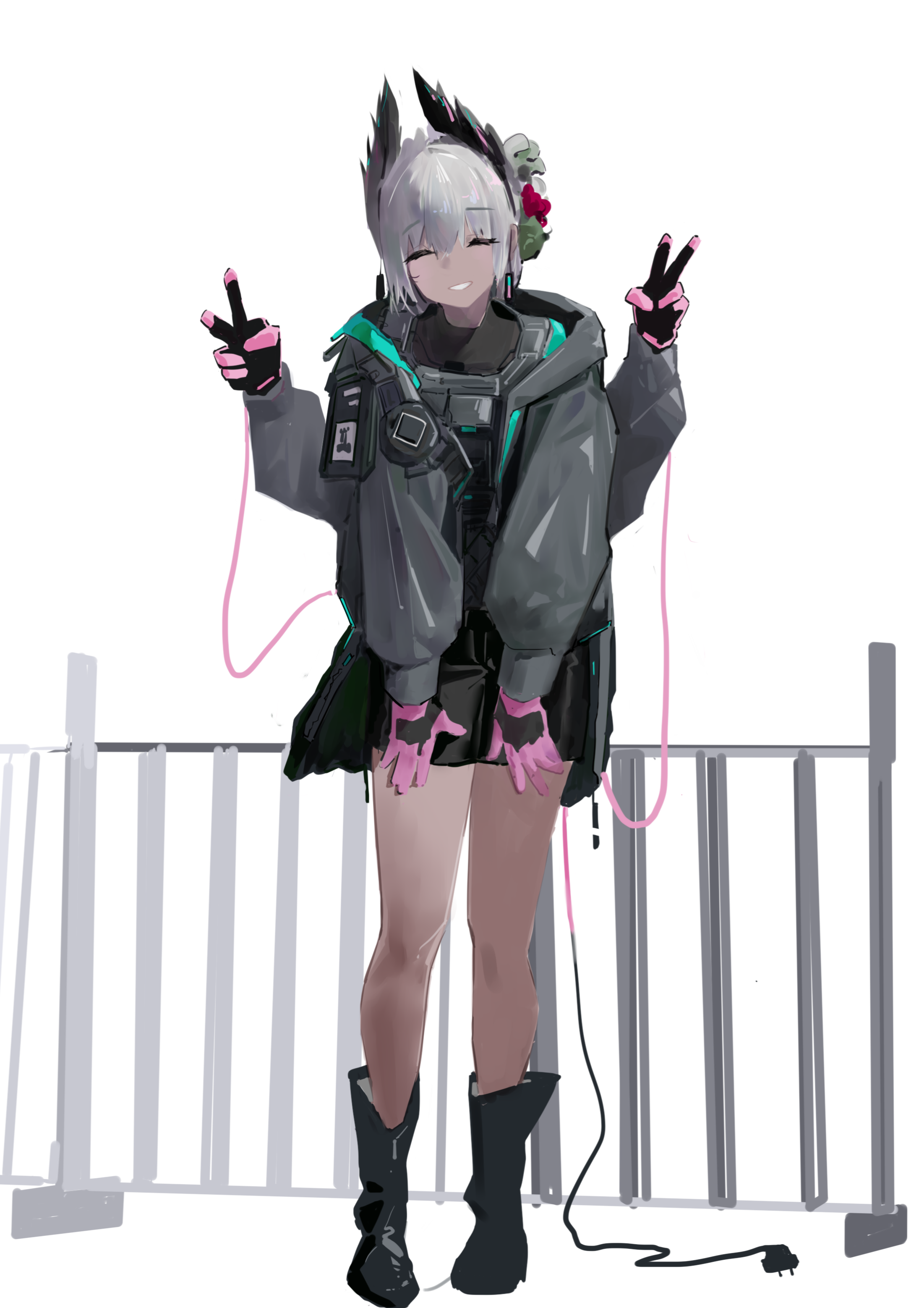 1girl :d ^_^ absurdres arknights black_boots black_gloves black_jacket boots chinese_commentary closed_eyes commentary double_v electric_plug electric_plug_tail extra_arms facing_viewer full_body gloves grey_hair grin hair_between_eyes highres jacket knee_boots long_sleeves mo_su_ji open_mouth pink_gloves raidian_(arknights) short_hair sketch_background smile solo standing tail v white_background