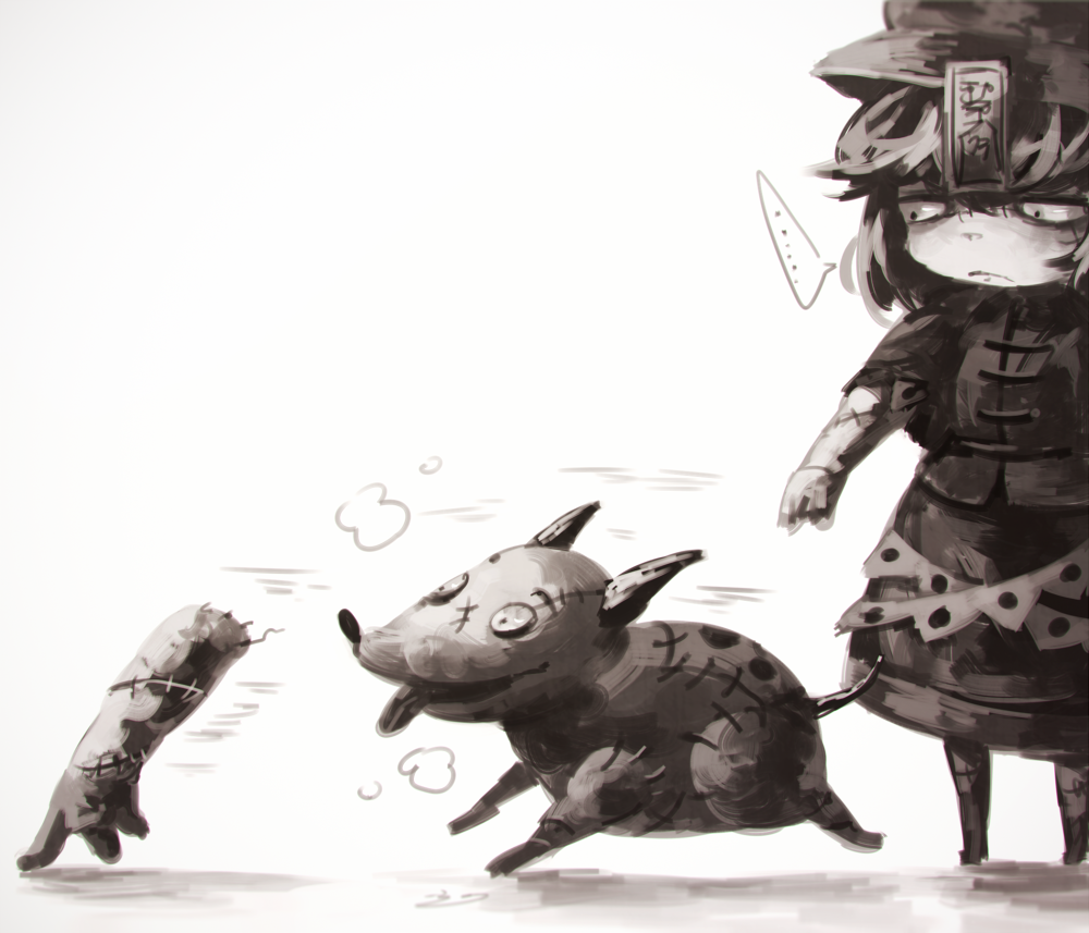 1girl dismemberment dog frankenweenie hat koto_inari miyako_yoshika monochrome ofuda sparky_(frankenweenie) stitches touhou
