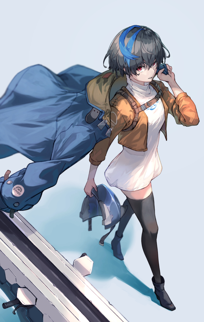 1girl black_hair black_shoes black_thighhighs blue_hair blue_jacket blue_streaks cropped_jacket guilty_gear guilty_gear_strive jacket multicolored_hair online_neet orange_jacket parted_lips red_eyes shadow shirt shoes short_hair smile solo thighhighs two-tone_hair unika_(guilty_gear) walking white_shirt