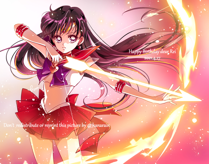 1girl 2021 bishoujo_senshi_sailor_moon bishoujo_senshi_sailor_moon_supers bow bow_(weapon) bowtie brooch character_name choker circlet closed_mouth cowboy_shot dated earrings elbow_gloves floating_hair gloves happy_birthday heart heart_brooch hino_rei jewelry long_hair mars_arrow mars_flame_sniper miniskirt outstretched_arm pleated_skirt purple_bow purple_bowtie purple_eyes purple_hair red_choker red_sailor_collar red_skirt sailor_collar sailor_mars sailor_senshi_uniform sarashina_kau see-through_clothes see-through_sleeves short_sleeves skirt solo standing star_(symbol) star_choker super_sailor_mars very_long_hair watermark weapon white_gloves