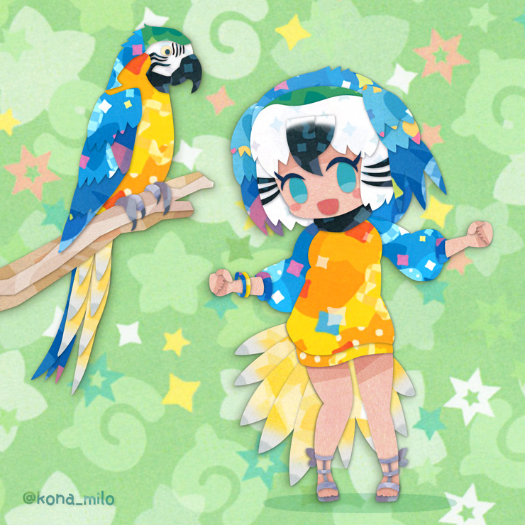 1girl animal beak bird bird_girl bird_tail bird_wings blue-and-yellow_macaw_(kemono_friends) blue_eyes blue_hair bracelet feathered_wings green_background head_wings japari_symbol jewelry kemono_friends kikuchi_milo looking_at_viewer sandals short_hair simple_background sweater tail wings