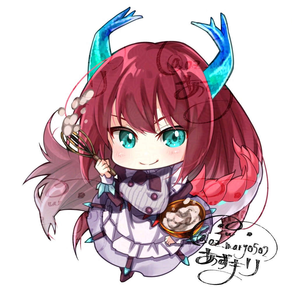 1girl az_(colorb05) blue_eyes blue_horns chibi dragon_girl dragon_horns dragon_tail duel_monster horns kitchen_dragonmaid long_hair maid red_hair red_tail simple_background solo tail white_background yu-gi-oh!