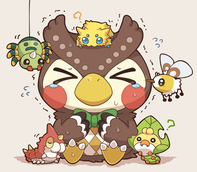 &gt;_&lt; 2027_(submarine2027) ? animal_crossing bird blathers_(animal_crossing) blush bow bowtie bug crossover curious cutiefly flying_sweatdrops full_body gen_1_pokemon gen_2_pokemon gen_3_pokemon gen_5_pokemon gen_7_pokemon green_bow green_neckwear joltik nintendo no_humans nuzzle on_head pokemon pokemon_(creature) pokemon_on_head scared sewaddle simple_background sitting spinarak string surrounded tears trembling wurmple