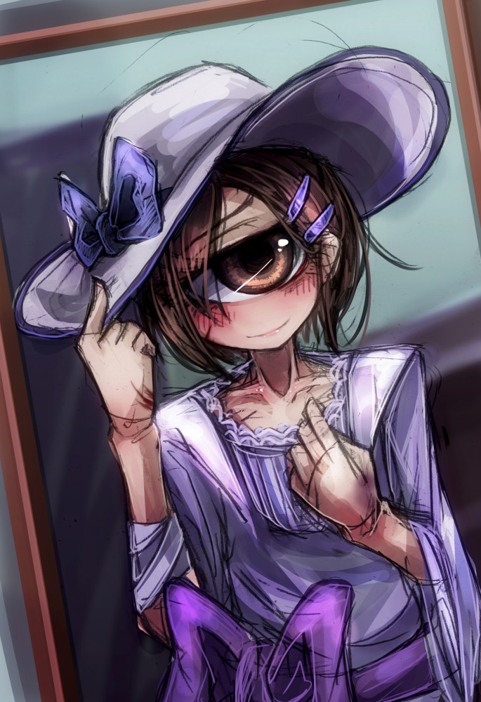 1girl alternate_costume blush bow brown_eyes brown_hair bruise collarbone cyclops dress female_focus hair_ornament hairclip hand_on_headwear hand_on_own_chest hat hat_bow hitomebore injury one-eyed ray-k sash scratches short_hair sketch smile solo sun_hat usui_sachi