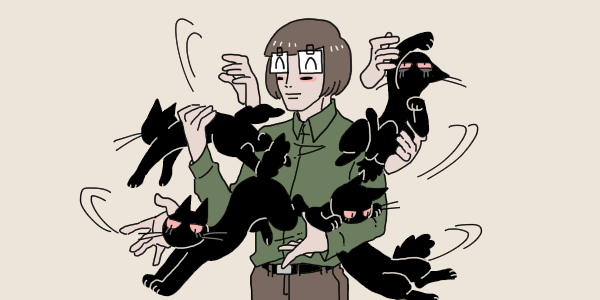 1boy akaiti animal animalization brown_background brown_hair cat cowboy_shot luther_von_ivory male_focus nyen_(randal&#039;s_friends) randal&#039;s_friends short_hair simple_background solo standing taped_note