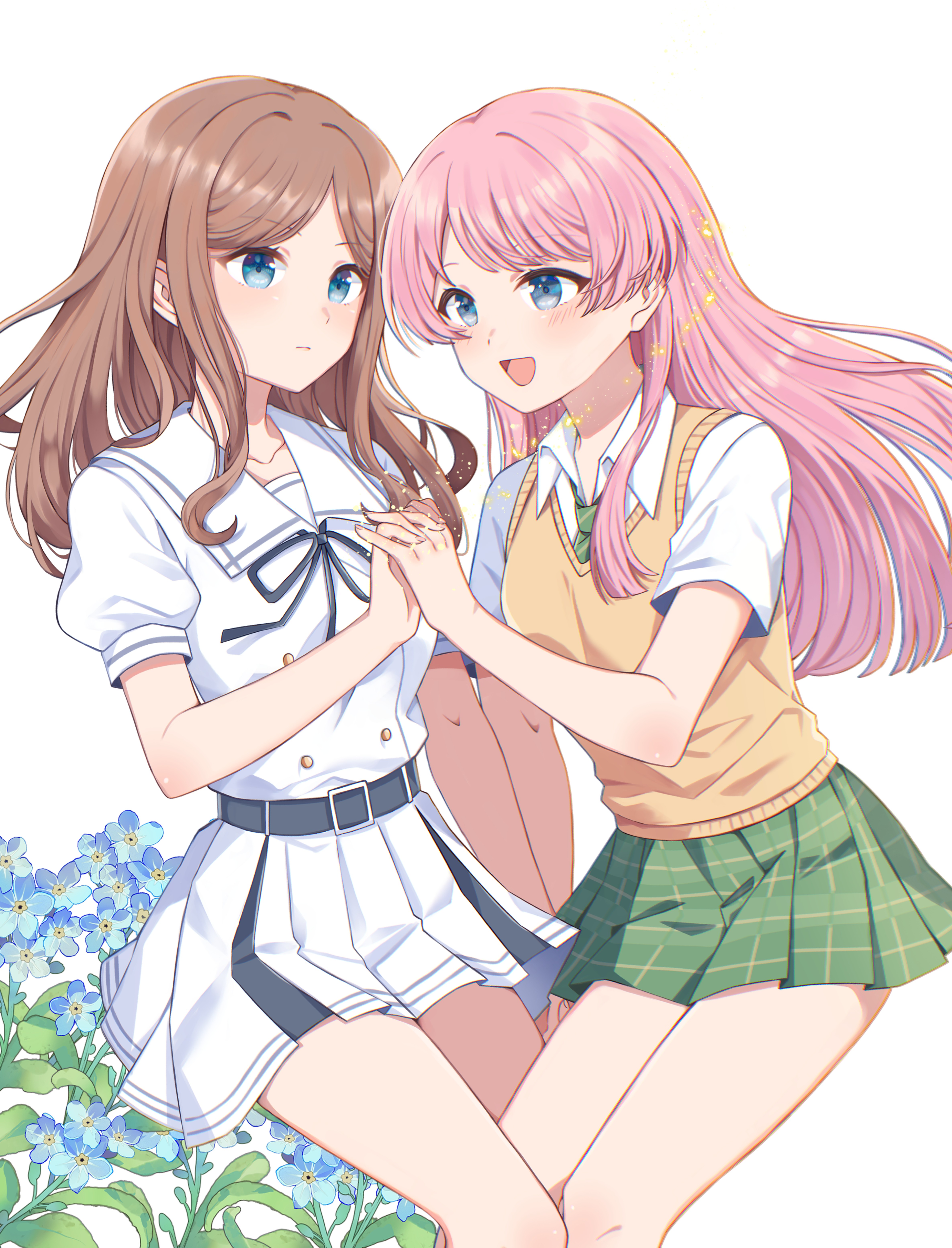 2girls absurdres bang_dream! bang_dream!_it's_mygo!!!!! black_ribbon blue_eyes blue_flower blush brown_hair chihaya_anon closed_mouth commentary_request dress flower green_necktie green_skirt grey_eyes haneoka_school_uniform highres holding_hands interlocked_fingers leg_between_thighs long_hair multiple_girls nagasaki_soyo neck_ribbon necktie open_mouth pink_hair plaid_clothes plaid_skirt pleated_skirt ribbon school_uniform short_sleeves simple_background skirt smile sweater_vest tsukinomori_school_uniform wei_qian_mo_he white_background white_dress yellow_sweater_vest yuri