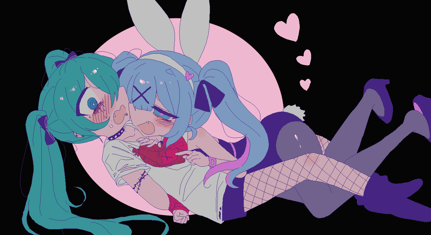2girls animal_ears aqua_eyes aqua_hair ascot bags_under_eyes bare_shoulders black_background black_bow black_collar black_footwear black_pantyhose black_ribbon black_shorts blue_eyes blue_hair blush bound bound_arms bow bowtie collar collarbone deliriumcenter dual_persona ear_piercing fake_animal_ears fake_tail fang fishnets hair_bow hair_ornament hair_ribbon hairband hatsune_miku heart heart_hair_ornament leotard multiple_girls necktie open_mouth pantyhose piercing pink_bow pink_bowtie pink_necktie playboy_bunny rabbit_ears rabbit_hole_(vocaloid) rabbit_tail red_ascot ribbon selfcest shirt shorts strapless strapless_leotard tail twintails vocaloid white_hairband white_shirt x_hair_ornament yuri