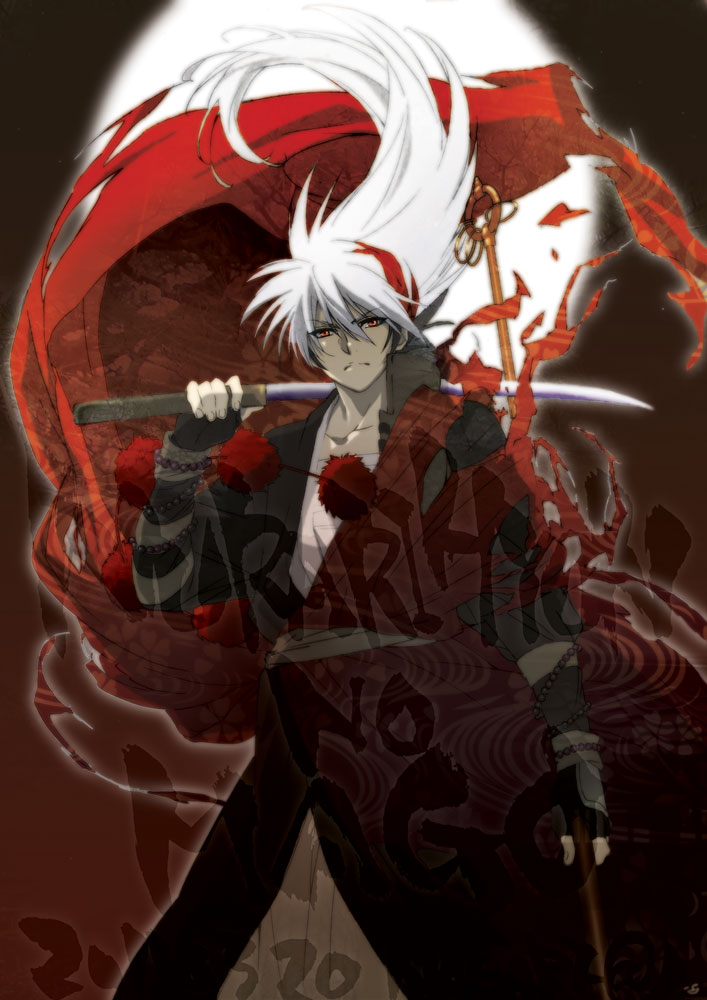 1boy black_hair japanese_clothes katana kimono long_hair male_focus multicolored_hair nagaremono nura_rikuo nurarihyon_no_mago red_eyes robe solo sword weapon white_hair