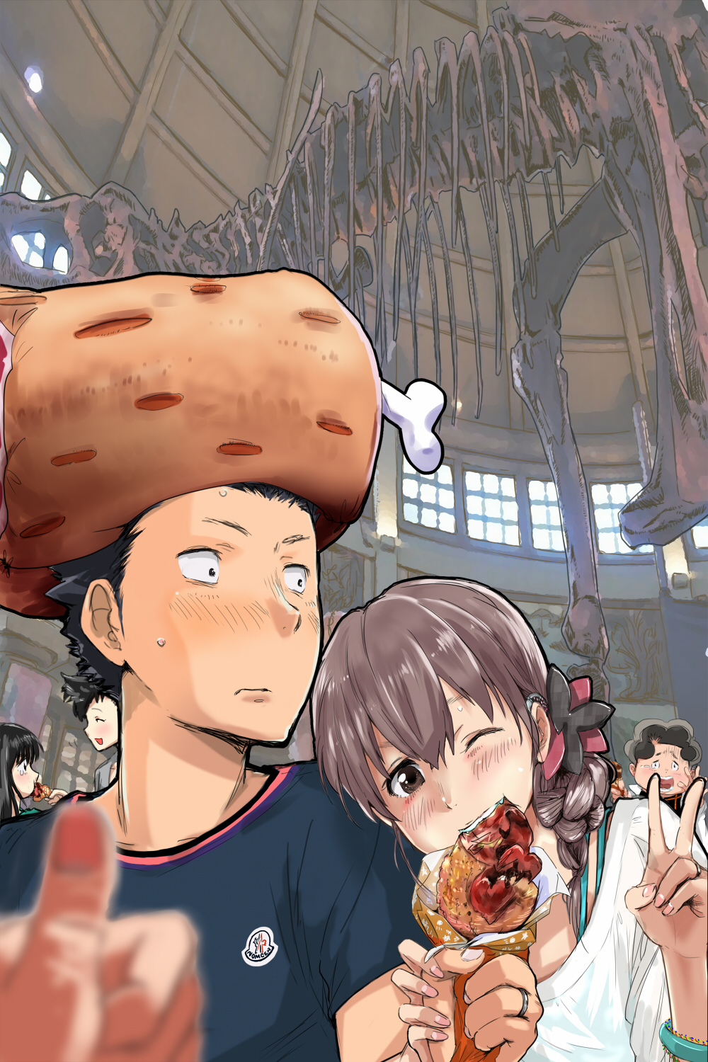 2boys 4girls black_eyes black_hair black_shirt blurry blurry_foreground blush braid brown_eyes brown_hair casual closed_eyes closed_mouth dinosaur_skeleton eating feeding female_pov food grey_shirt hair_ornament hetero highres holding holding_food indoors ishida_shouya jewelry koe_no_katachi long_hair looking_at_viewer maabou multiple_boys multiple_girls nagatsuka_tomohiro nail_polish nishimiya_shouko nishimiya_yuzuru one_eye_closed open_mouth pink_nails pov pov_hands ring sahara_miyoko shirt shish_kebab short_sleeves skeleton spiked_hair teeth thumbs_up ueno_naoka upper_teeth_only v white_shirt
