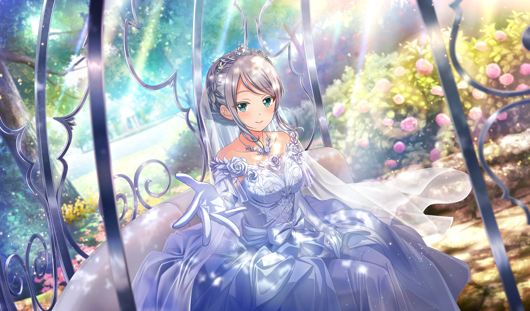 1girl blurry braid bridal_veil bush cinderella_series closed_mouth collarbone crown_braid depth_of_field dress dutch_angle elbow_gloves elena_starffin film_grain flower game_cg garden gazebo gloves green_eyes hachigatsu_no_cinderella_nine hair_up highres jewelry light_particles light_rays looking_at_viewer necklace non-web_source official_alternate_hairstyle official_art outdoors pink_flower pink_rose reaching reaching_towards_viewer rose sitting smile solo strapless strapless_dress sunbeam sunlight tree veil wedding_dress white_dress white_flower white_gloves white_hair white_rose