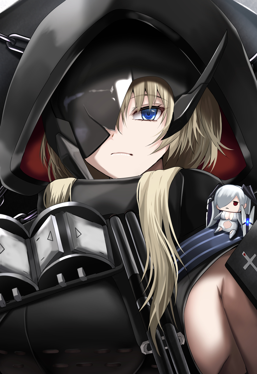 1girl armpit_crease black_cloak black_shirt blonde_hair blue_eyes breasts broken_mask character_doll cinderella_(nikke) cloak closed_mouth coffin commentary crop_top doll goddess_of_victory:_nikke grave_(nikke) hair_between_eyes highres hogehogehoge_t hood hood_up hooded_cloak large_breasts long_hair looking_at_viewer mask portrait shirt sidelocks sleeveless sleeveless_shirt solo standing