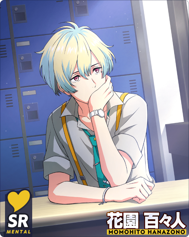 1boy antenna_hair blonde_hair bracelet card_(medium) covering_own_mouth hair_between_eyes hanazono_momohito hand_over_own_mouth heart_on_cheek idolmaster idolmaster_side-m idolmaster_side-m_growing_stars jewelry light_green_hair male_focus necktie official_art pink_eyes short_sleeves solo suspenders watch
