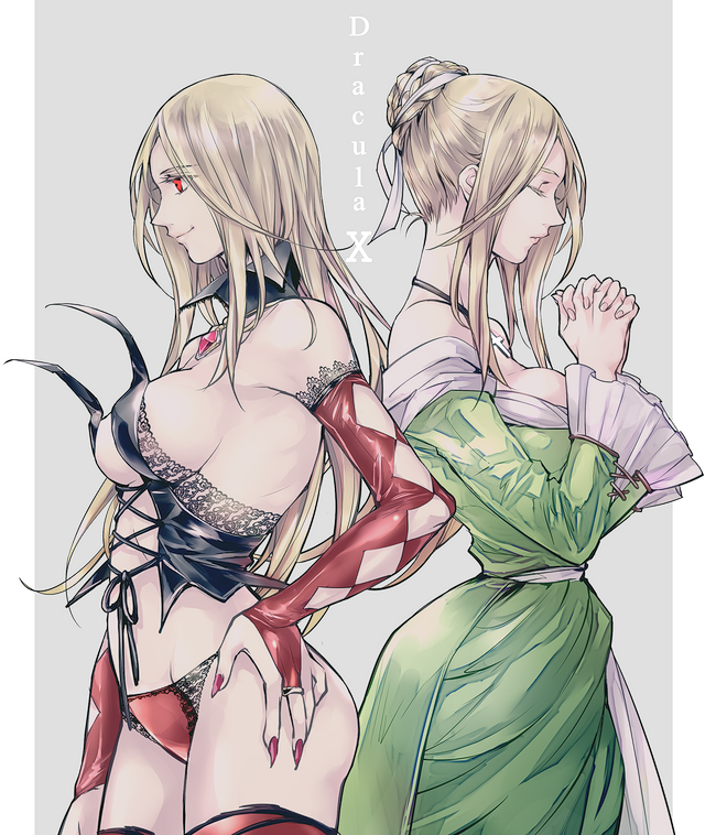 1girl annette_renard black_corset blonde_hair braid breasts castlevania:_rondo_of_blood castlevania_(series) closed_eyes closed_mouth collar corruption corset cross crown_braid demon_girl dress dual_persona gem green_dress grel_(r6hgvu5) long_hair panties praying red_eyes red_nails red_panties red_socks sideboob smirk socks underwear