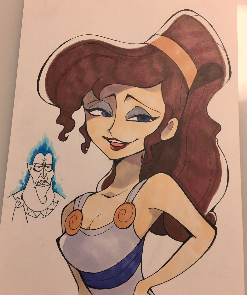 1boy 1girl bare_shoulders blue_eyes blue_hair brown_hair colored_skin dress eyeshadow fiery_hair graphite_(medium) hades_(disney) hercules_(1997_film) highres ikuchi_osutega long_hair looking_at_viewer makeup megara_(disney) ponytail purple_dress purple_eyes sleeveless smile traditional_media