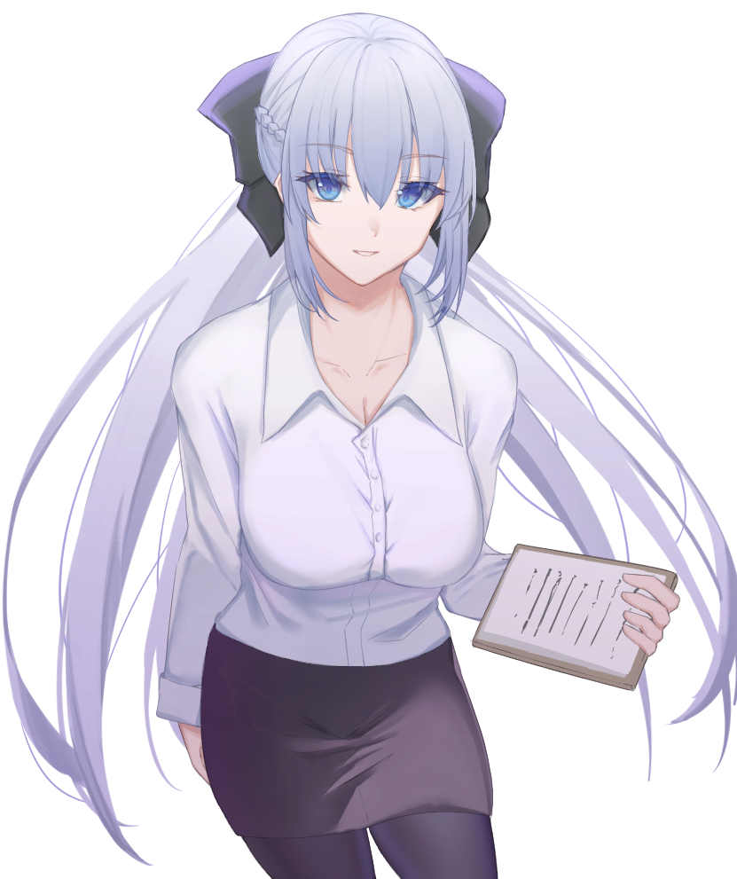 1girl black_bow black_dress black_skirt blue_eyes blush bow braid breasts center_opening cleavage collared_shirt dress dress_shirt fate/grand_order fate_(series) front-hook_bra grey_hair hair_between_eyes hair_bow half_up_braid large_breasts long_hair long_sleeves looking_at_viewer morgan_le_fay_(chaldea_satellite_station)_(fate) morgan_le_fay_(fate) office_lady pantyhose pencil_skirt ponytail ref_(pmxt4483) shirt sidelocks simple_background skirt smile solo thighs two-tone_dress very_long_hair white_background white_shirt