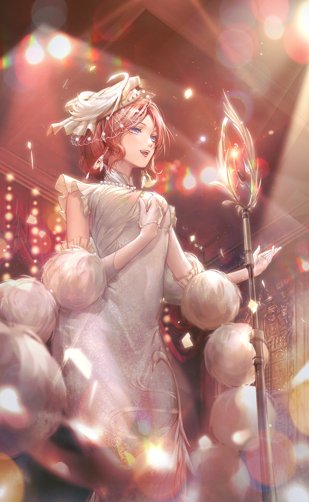 1girl animal_print aphrodia_(shining_nikki) artist_request beads bird bird_print blue_eyes breasts china_dress chinese_clothes collared_dress confetti curtains dress earrings feather_earrings feathers feet_out_of_frame fishnet_veil frilled_dress frills from_below fur_shawl game_cg glint gloves half_gloves hand_on_own_chest happy hat hat_feather highres indoors jewelry lens_flare light_particles light_rays lipstick long_dress looking_ahead makeup mandarin_collar medium_breasts music nikki_(series) official_alternate_color official_art open_mouth outstretched_hand red_hair red_lips reedpipe_song_(shining_nikki) shawl shining_nikki short_hair singing sleeveless sleeveless_dress smile solo staff stage stage_lights swan teeth tight_clothes tight_dress veil white_dress white_gloves white_hat white_shawl white_veil