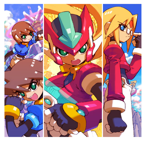 1girl 2boys aile_(mega_man_zx) armor blonde_hair blue_eyes blue_jacket border brown_hair cropped_jacket energy_sword girouette_(mega_man) glasses green_eyes helmet holding holding_sword holding_weapon jacket long_hair mega_man_(series) mega_man_zx model_zx_(mega_man) multiple_boys nakayama_tooru official_art open_clothes open_jacket pants power_armor red_armor red_helmet red_jacket second-party_source semi-rimless_eyewear short_hair shorts sword under-rim_eyewear vent_(mega_man) weapon white_border white_pants white_shorts