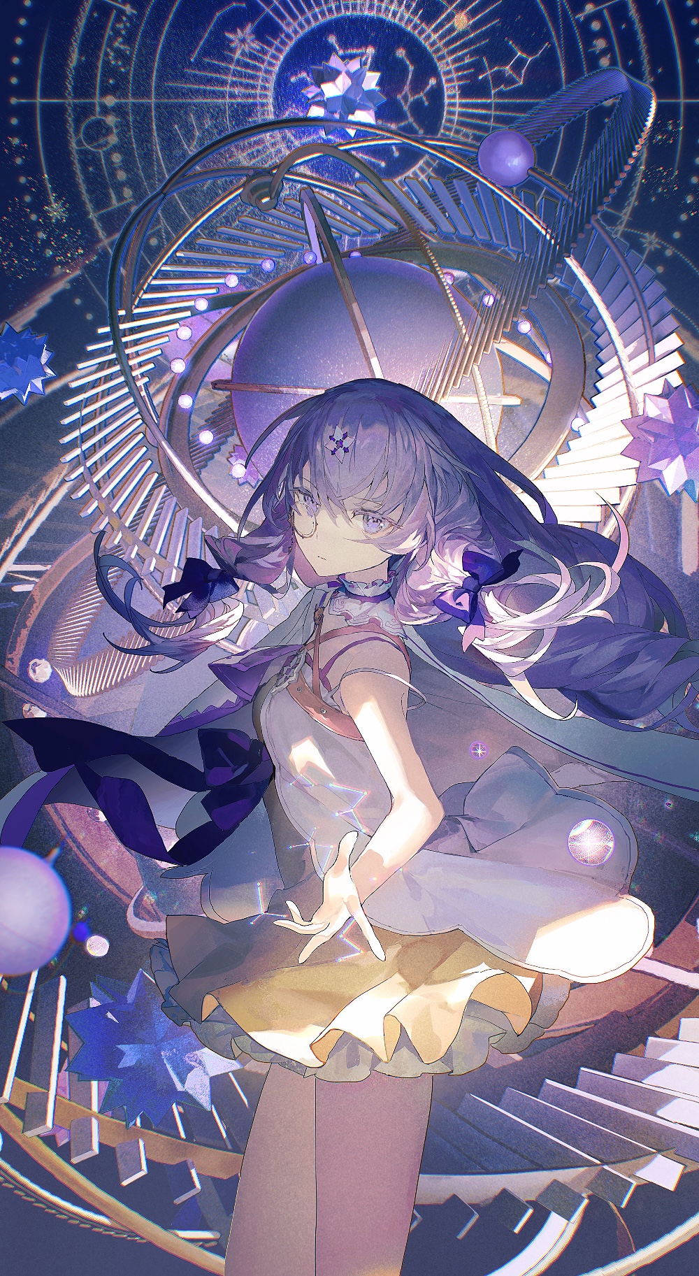 1girl arcaea aries_(constellation) bad_anatomy bad_hands bow breasts commentary constellation dress english_commentary film_grain highres jacket lagrange_(arcaea) libra_(constellation) lobelia_(saclia) long_hair looking_at_viewer monocle open_clothes open_jacket orb outstretched_hand purple_background purple_bow purple_eyes purple_hair sagittarius_(constellation) serious small_breasts solo stairs taurus_(constellation) virgo_(constellation) white_jacket yellow_dress