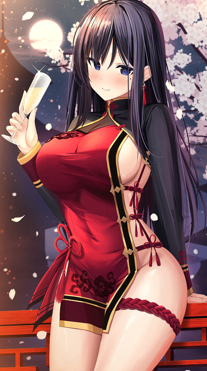 1girl alice_gear_aegis architecture black_hair blue_eyes blush breasts champagne_flute cherry_blossoms cherry_tree china_dress chinese_clothes closed_mouth commentary_request covered_navel cup dress drinking_glass east_asian_architecture highres holding holding_cup kagome_misaki large_breasts long_hair long_sleeves looking_at_viewer mole mole_under_eye moon mutsumi_nemuru night outdoors red_dress sideboob sidelocks smile solo standing thigh_strap thighs very_long_hair