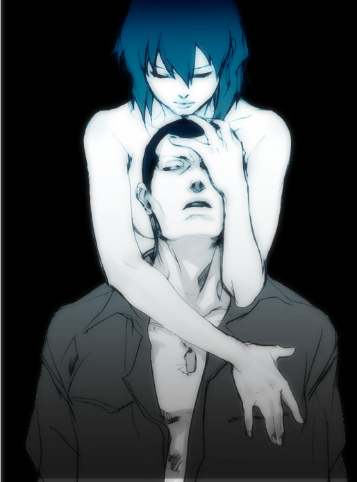1boy 1girl blue_theme closed_eyes cyborg dog_tags ghost_in_the_shell hand_on_another&#039;s_head hetero hug hug_from_behind kusanagi_motoko monochrome non-web_source open_clothes open_shirt saito saitou_(gits) shirt short_hair topless_female