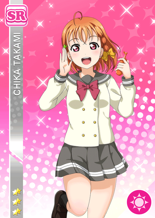 1girl :d ahoge anime_coloring black_socks blush bow bowtie braid brown_shoes buttons card_(medium) clover_hair_ornament cowboy_shot diamond_(shape) double-breasted food grey_sailor_collar grey_skirt hair_bow hair_ornament hands_up holding holding_food leg_up loafers long_sleeves looking_at_viewer love_live! love_live!_school_idol_festival love_live!_sunshine!! miniskirt official_art open_hand open_mouth orange_hair pink_background pleated_skirt red_bow red_bowtie red_eyes sailor_collar school_uniform serafuku shirt shoes short_hair side_braid skirt smile socks solo standing standing_on_one_leg star_(symbol) takami_chika teeth upper_teeth_only uranohoshi_school_uniform white_shirt winter_uniform yellow_bow