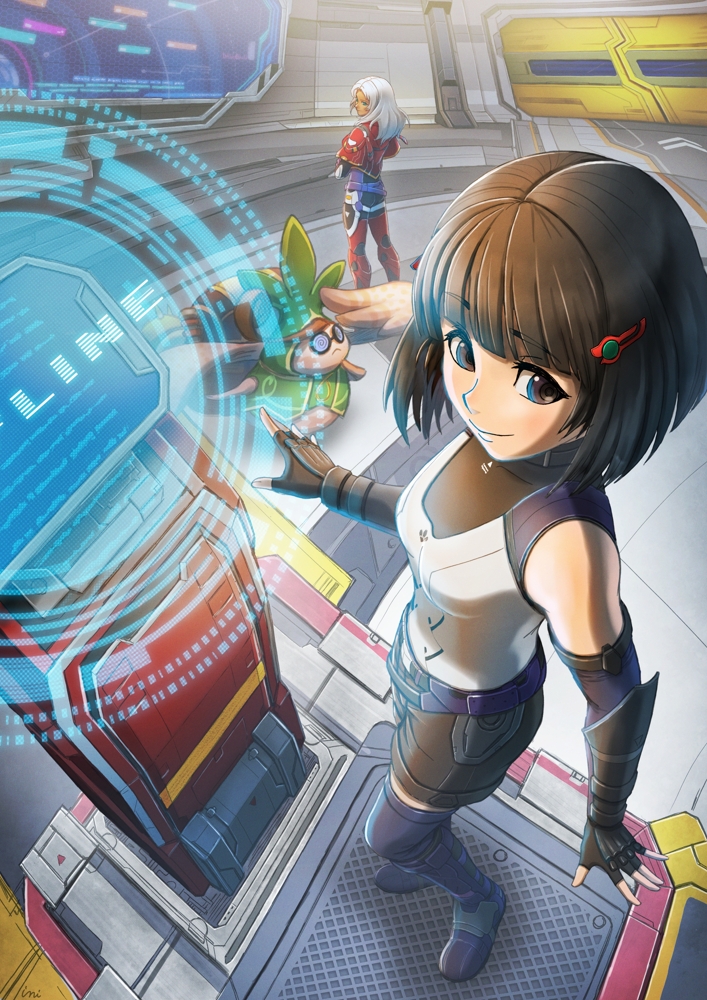 backpack bag bare_shoulders black_hair blue_thighhighs breasts brown_eyes coke-bottle_glasses elma_(xenoblade_x) fingerless_gloves from_above full_body glasses gloves hair_ornament hairclip holographic_clothing holographic_monitor indoors ini4illust krita_(medium) lin_lee_koo long_hair nopon shirt short_hair shorts sleeveless sleeveless_shirt small_breasts standing tatsu_(xenoblade_x) thighhighs white_hair white_shirt xenoblade_chronicles_(series) xenoblade_chronicles_x