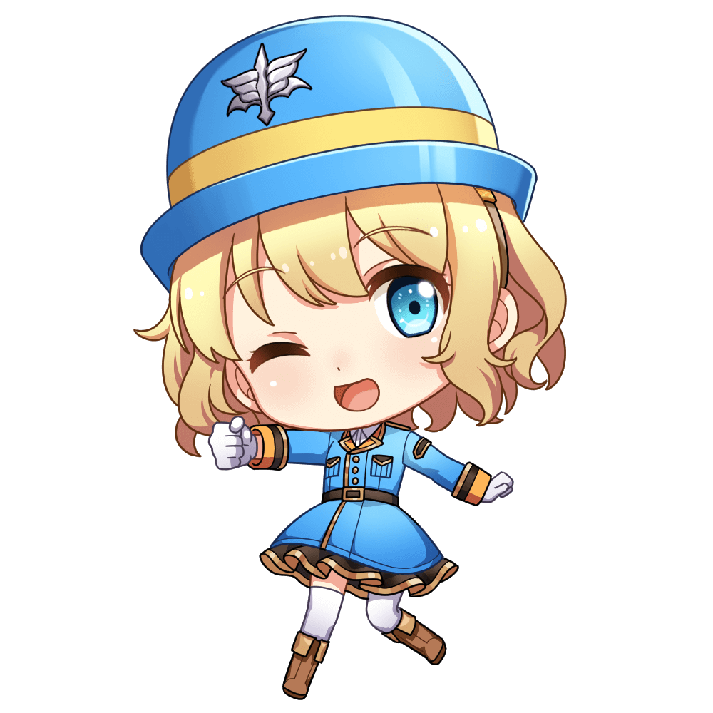1girl aria_(vivid_army) blonde_hair blue_eyes blue_hat blue_skirt boots brown_boots chibi chibi_only dot_nose full_body gloves hair_between_eyes hat long_sleeves military military_uniform official_art one_eye_closed short_hair simple_background skirt smile solo standing thighhighs thumbs_up transparent_background vivid_army white_gloves white_thighhighs zettai_ryouiki