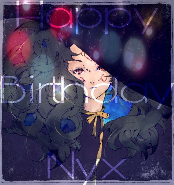 1girl black_hair closed_mouth fire_emblem fire_emblem_fates happy_birthday hotate_rayan long_hair looking_at_viewer messy_hair nintendo nyx_(fire_emblem) red_hair solo