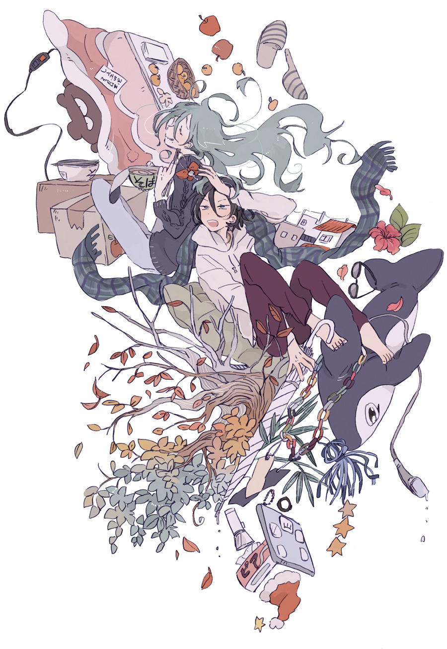 2boys ahoge arm_on_own_head autumn_leaves back-to-back barefoot basket black_eyes black_hair blue_pants blue_sweater bow bowl box cable chopsticks closed_eyes dolphin eating flower food fruit full_body grey_hair h_kawa hair_lift hibiscus highres holding holding_bowl holding_chopsticks holding_umbrella hood hood_down hoodie keyring kotatsu leaf leggings long_sleeves looking_at_object makishima_yuusuke male_focus mandarin_orange multiple_boys noodles open_mouth orange_bow pants parted_lips petals pink_flower ramen reaching red_pants shoes sitting slippers smile striped_clothes striped_footwear sweater table teeth toenails toudou_jinpachi tree umbrella unworn_shoes upper_teeth_only wavy_hair white_background white_footwear white_hoodie white_umbrella yowamushi_pedal