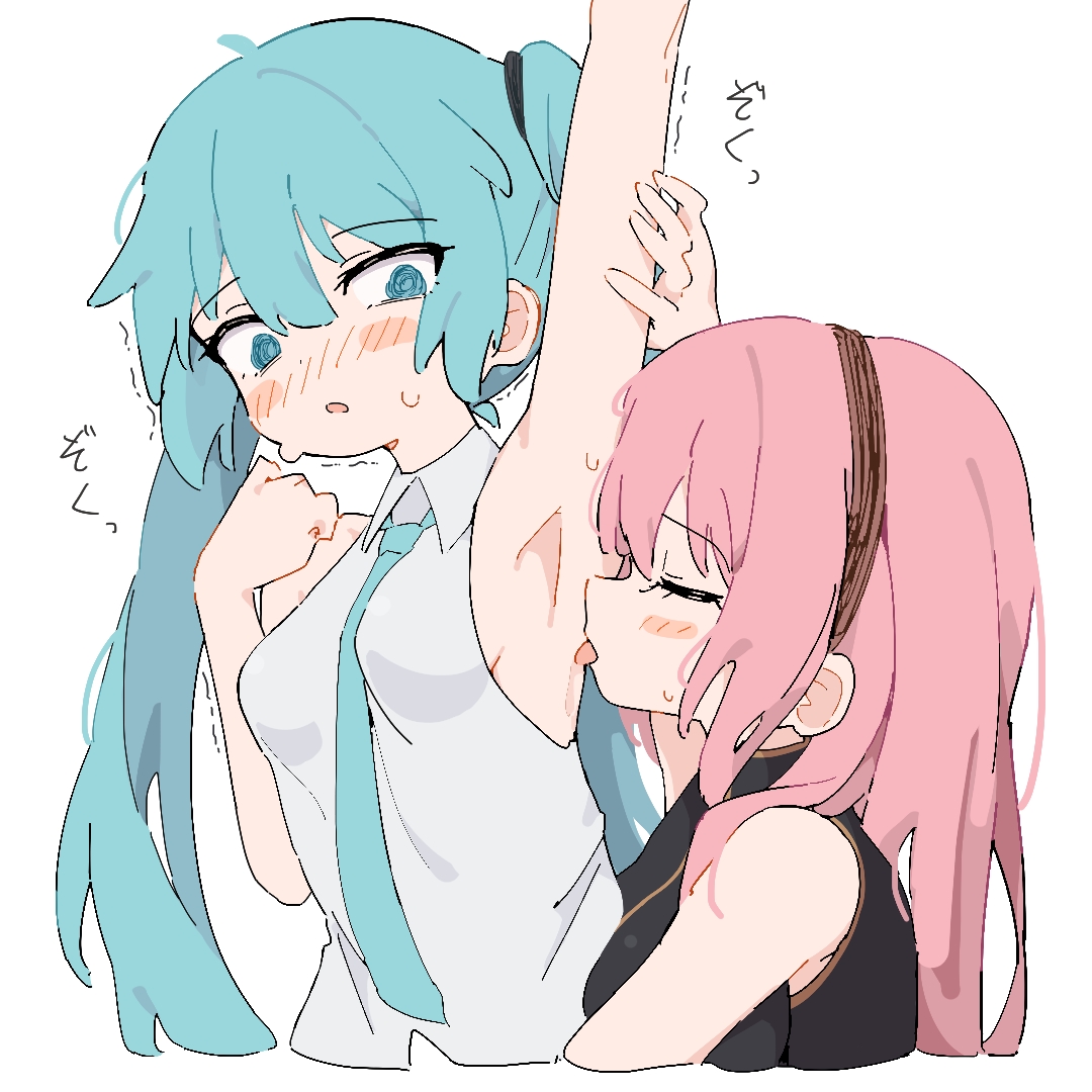 2girls @_@ arm_up armpits black_shirt blue_eyes blue_hair blush breasts brown_hairband closed_eyes collar commentary_request giryu hairband hatsune_miku licking licking_armpit long_hair medium_breasts megurine_luka multiple_girls parted_lips pink_hair shirt simple_background sleeveless sleeveless_shirt sweat tongue tongue_out trembling twintails upper_body vocaloid white_background white_shirt yuri