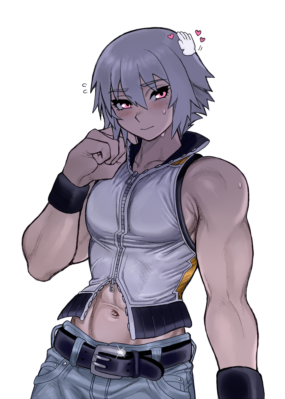 1boy bare_shoulders belt chuchubreeze closed_mouth clothing_cutout commentary dream_eater_(kingdom_hearts) english_commentary flying_sweatdrops gameplay_mechanics grey_hair headpat heart highres kingdom_hearts kingdom_hearts_3d:_dream_drop_distance male_focus navel navel_cutout pants partially_unzipped pink_eyes riku_(kingdom_hearts) short_hair sweatdrop toned toned_male