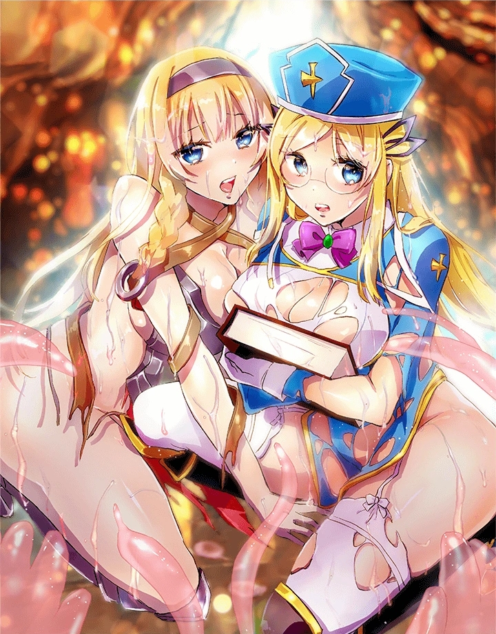 3girls armor armored_boots ass belt bikini_armor blonde_hair blue_dress blue_eyes blush book boots bow bowtie braid breast_press breastplate breasts defeat dress garter_straps gauntlets gloves greaves hair_ornament hairband hat headband holding holding_book knee_boots large_breasts leina_(queen&#039;s_blade) leina_(queen&#039;s_blade_unlimited) long_hair long_sleeves looking_at_viewer melona_(queen&#039;s_blade) melona_(queen&#039;s_blade_unlimited) melpha melpha_(queen&#039;s_blade_unlimited) melting monster_girl multiple_girls nun official_art queen&#039;s_blade queen&#039;s_blade_unlimited queen&#039;s_blade_white_triangle revealing_clothes rimless_eyewear side_braids sidelocks simple_background single_gauntlet slime_girl tachi-e thighhighs thighs torn_clothes torn_dress torn_legwear white_gloves white_legwear