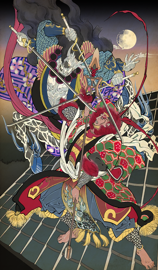 2boys barefoot black_hair blank_eyes centaur chinese_clothes clothing_request cloud colored_skin commentary dark-skinned_male dark_skin dual_wielding duel dynamic_pose extra_arms facial_tattoo fate/grand_order fate_(series) fine_art_parody flat_color full_moon fur_trim god_force_(fate) holding holding_polearm holding_sword holding_weapon long_sleeves lu_bu_(fate) male_focus moon multiple_boys night nihonga no_shirt official_alternate_costume official_art on_roof ono_tako outdoors parody polearm sword tattoo taur third-party_source two-handed unmoving_pattern weapon white_skin xiang_yu_(fate)