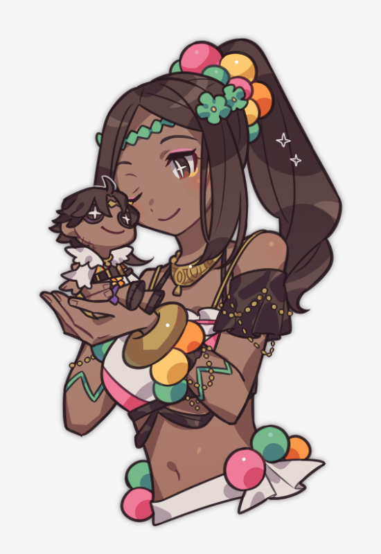 1girl breasts brown_eyes brown_hair character_doll closed_mouth commentary_request cropped_torso dark-skinned_female dark_skin doll eyeshadow fire_emblem fire_emblem_engage fogado_(fire_emblem) haconeri high_ponytail holding holding_doll jewelry makeup navel neck_ring nintendo one_eye_closed pink_eyeshadow ponytail simple_background smile solo sparkle star-shaped_pupils star_(symbol) symbol-shaped_pupils timerra_(fire_emblem) white_background