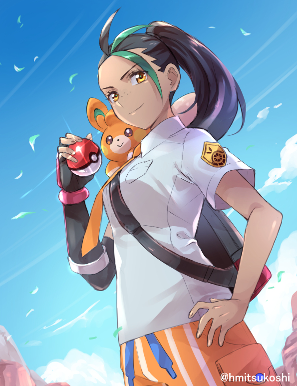 1girl backpack bag black_bag black_gloves black_hair closed_mouth cloud collared_shirt commentary_request dark-skinned_female dark_skin day eyelashes falling_leaves fingerless_gloves freckles from_below gloves green_hair holding holding_poke_ball leaf long_hair mitsukoshi_haruha multicolored_hair nemona_(pokemon) nintendo on_shoulder orange_shorts outdoors pawmi poke_ball poke_ball_(basic) pokemon pokemon_(creature) pokemon_on_shoulder pokemon_sv ponytail shirt short_sleeves shorts single_glove sky smile streaked_hair twitter_username white_shirt yellow_eyes