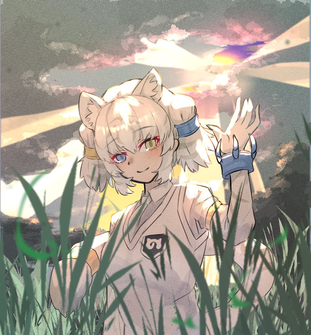 1girl animal_ears blue_eyes byakko_(kemono_friends) cat_ears cat_girl cat_tail extra_ears gloves hair_ornament heterochromia japari_symbol kemono_friends looking_at_viewer nature necktie outdoors sasa_fune shirt short_hair solo tail upper_body vest white_hair yellow_eyes