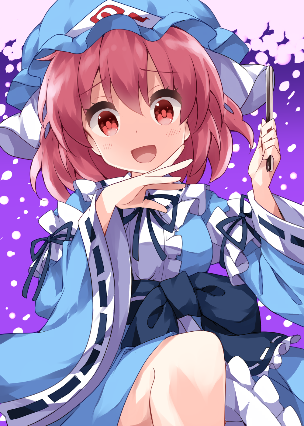 1girl :d blue_hat blue_kimono blue_ribbon blurry center_frills cherry_blossoms commentary_request depth_of_field falling_petals feet_out_of_frame frills gradient_background hair_between_eyes hand_up hands_up hat highres holding holding_knife japanese_clothes kimono knee_up knife looking_at_viewer mob_cap one-hour_drawing_challenge open_mouth petals pink_eyes pink_hair purple_background ribbon ruu_(tksymkw) saigyouji_yuyuko short_hair simple_background smile solo touhou triangular_headpiece wide_sleeves