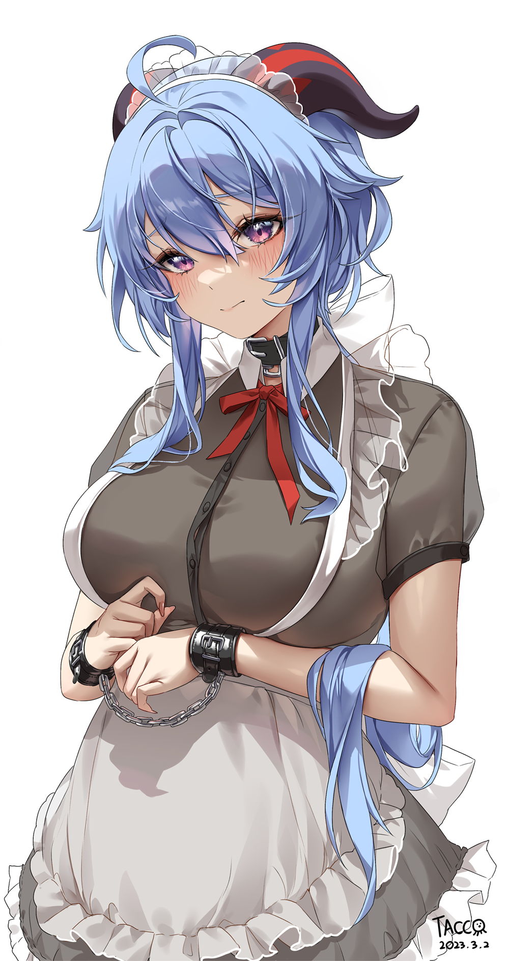 1girl ahoge alternate_costume apron belt belt_collar black_belt blue_hair blush bound bound_wrists bow bowtie breasts chain closed_mouth collar cuffs dated dress enmaided fingernails frilled_apron frilled_dress frilled_hairband frills ganyu_(genshin_impact) genshin_impact goat_horns gradient_eyes grey_dress hair_between_eyes hairband highres horns large_breasts long_fingernails long_hair maid maid_apron maid_headdress multicolored_eyes purple_eyes raised_eyebrows red_bow red_bowtie red_ribbon ribbon see-through_clothes shackles short_sleeves signature simple_background solo tacco_(tikeworld) white_apron white_background