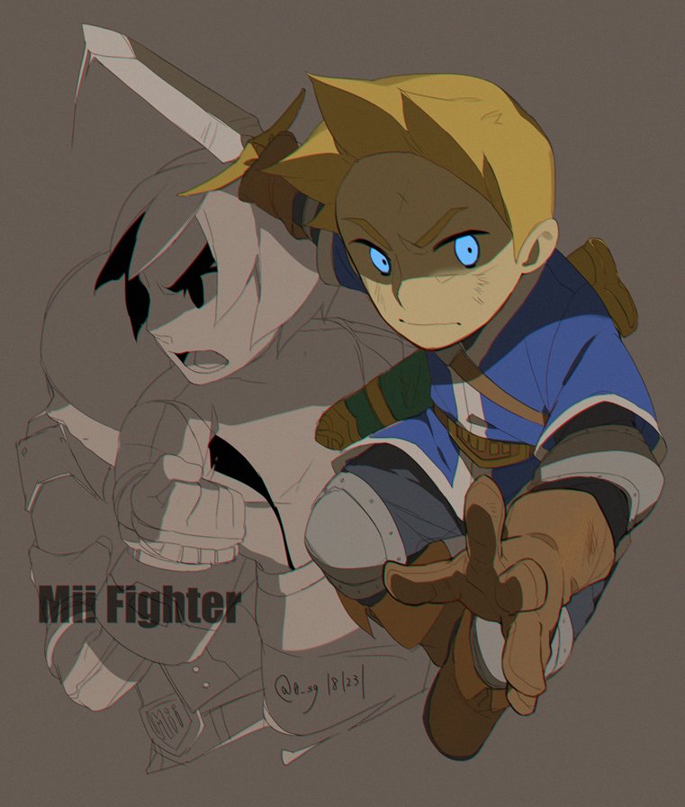 1girl 2boys angry arm_cannon blonde_hair blue_eyes blue_tunic boots brown_background brown_footwear brown_gloves bruise bruised_eye character_name clenched_hand gloves injury layered_clothes looking_at_viewer mii_(nintendo) mii_brawler mii_gunner mii_swordfighter multiple_boys nintendo open_mouth partially_colored sg_(suuchan) simple_background super_smash_bros. sword tunic twitter_username weapon