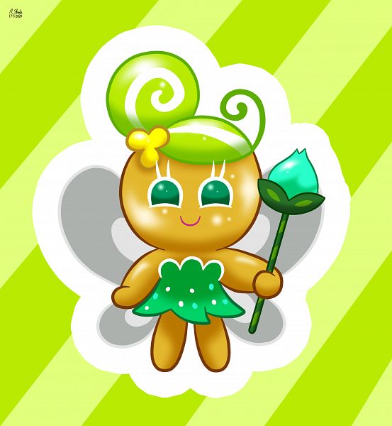 1girl alex13art cookie_run dress fairy fairy_cookie fairy_wings flower green_dress green_hair hair_bun sleeveless sleeveless_dress solo wings