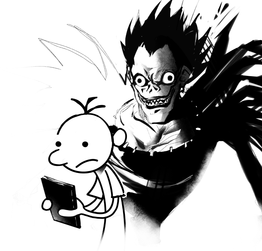 2boys book collarbone commentary crossover death_note death_note_(object) diary_of_a_wimpy_kid english_commentary figburn greg_heffley greyscale holding holding_book male_focus monochrome multiple_boys ryuk sharp_teeth shinigami smile teeth white_background widow&#039;s_peak