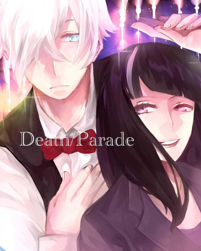 10s 1boy 1girl black_hair blue_eyes blunt_bangs bow bowtie chiyuki_(death_parade) commentary_request death_parade decim_(death_parade) hair_over_one_eye hetero holding_hands kiiya_(torotti) kurokami_no_onna long_hair multicolored_hair purple_eyes shirt smile two-tone_hair white_hair