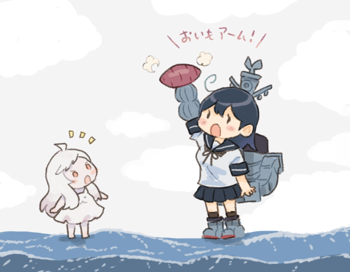2girls ahoge black_hair black_sailor_collar black_skirt dress food kantai_collection long_hair machinery multiple_girls northern_little_sister pleated_skirt saiguchi_otoufu sailor_collar school_uniform serafuku skirt smokestack standing standing_on_liquid sweet_potato ushio_(kancolle) water white_dress white_hair