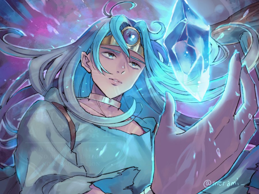 1boy androgynous aqua_robe blue_eyes blue_gemstone blue_hair choker circlet commentary cryokinesis dragon_quest dragon_quest_iii floating_hair gem gold_choker gold_circlet holding holding_staff ice ice_crystal long_hair looking_ahead magic male_focus merami parted_lips purple_background robe sage_(dq3) solo staff symbol-only_commentary torn_clothes torn_robe twitter_username upper_body