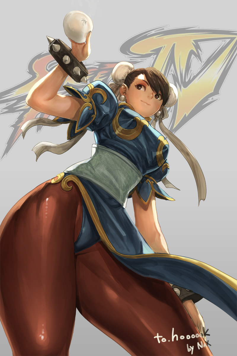 1girl steamed_bun blush bracelet brown_hair bun_cover capcom china_dress chinese_clothes chun-li double_bun dress earrings female_focus food hair_bun highres jewelry nax panties panties_over_pantyhose pantyhose pantyshot pelvic_curtain sash simple_background solo spiked_bracelet spikes street_fighter thick_thighs thighs underwear