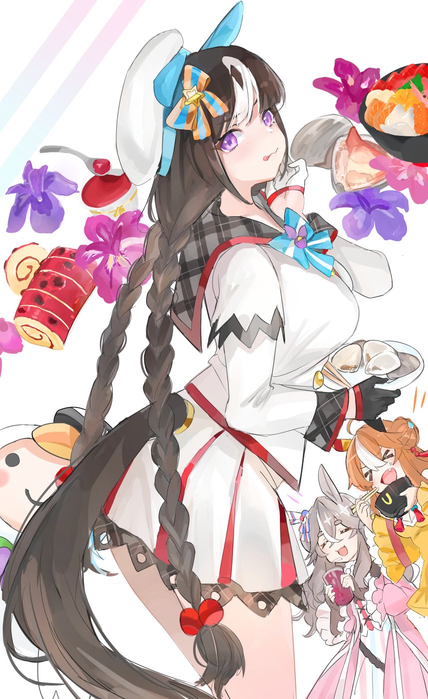 &gt;_&lt; 3girls :d animal_ears asymmetrical_gloves beret black_gloves black_hair blunt_bangs bowl braid brown_hair chopsticks clothing_cutout copano_rickey_(umamusume) double_bun ear_covers fang gloves hair_between_eyes hair_bun half_gloves hat highres hokko_tarumae_(umamusume) holding holding_bowl holding_chopsticks holding_plate horse_ears horse_girl horse_tail jacket kik1 long_hair mascot mismatched_gloves multicolored_hair multiple_girls open_mouth plate purple_eyes seashell shell skirt smile solo_focus streaked_hair tail tail_through_clothes thick_eyebrows tomachop twin_braids umamusume white_gloves white_headwear white_jacket white_skirt wide_sleeves wonder_acute_(umamusume) yoitomake_(food)