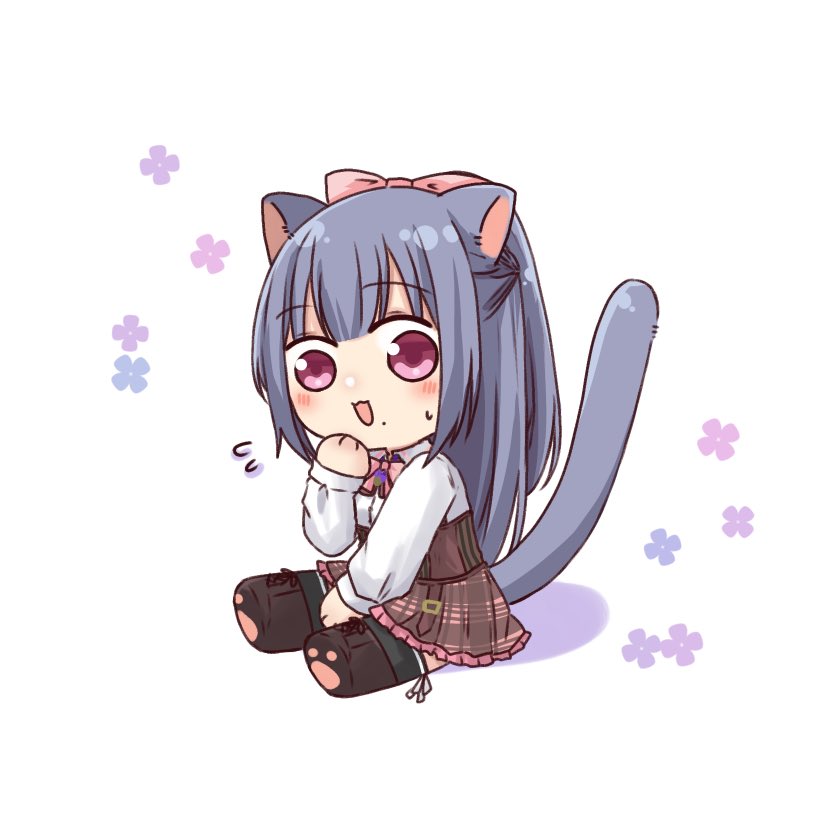 1girl :3 :d animal_ears animal_hands assault_lily between_legs black_thighhighs blush boots bow braid brown_boots brown_skirt cat_ears cat_girl cat_paws cat_tail collared_shirt commentary corset flower_symbol flying_sweatdrops frilled_skirt frills fukuyama_jeanne_sachie full_body grey_hair hair_bow half_up_braid half_updo hand_between_legs hand_on_own_chin hand_up jewelry kemonomimi_mode leg_ribbon long_hair long_sleeves looking_at_viewer looking_to_the_side ludvico_private_girls&#039;_academy_school_uniform miniskirt mole mole_under_mouth necklace nervous_sweating nigari_(ngari_0115) open_mouth paw_shoes pendant pink_bow pink_eyes plaid_clothes plaid_skirt ribbon school_uniform shirt simple_background sitting skirt smile solo sweat sweatdrop tail tail_raised thigh_ribbon thighhighs underbust very_long_hair white_background white_ribbon white_shirt